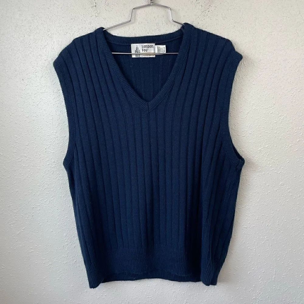 Vintage London Fog Navy Blue Sleeveless V-Neck Sweater Size L